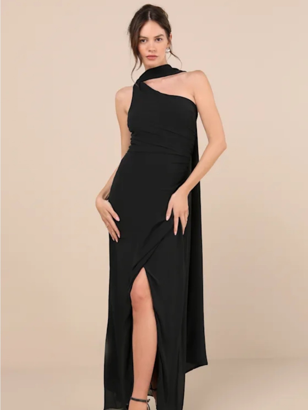 Lulu's One-Shoulder Black Evening Gown with Draped Sash and Thigh Slit